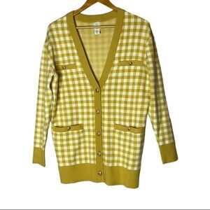 Joie Gingham Boyfriend Cardigan Mustard Yellow Design women's size XS Long Line